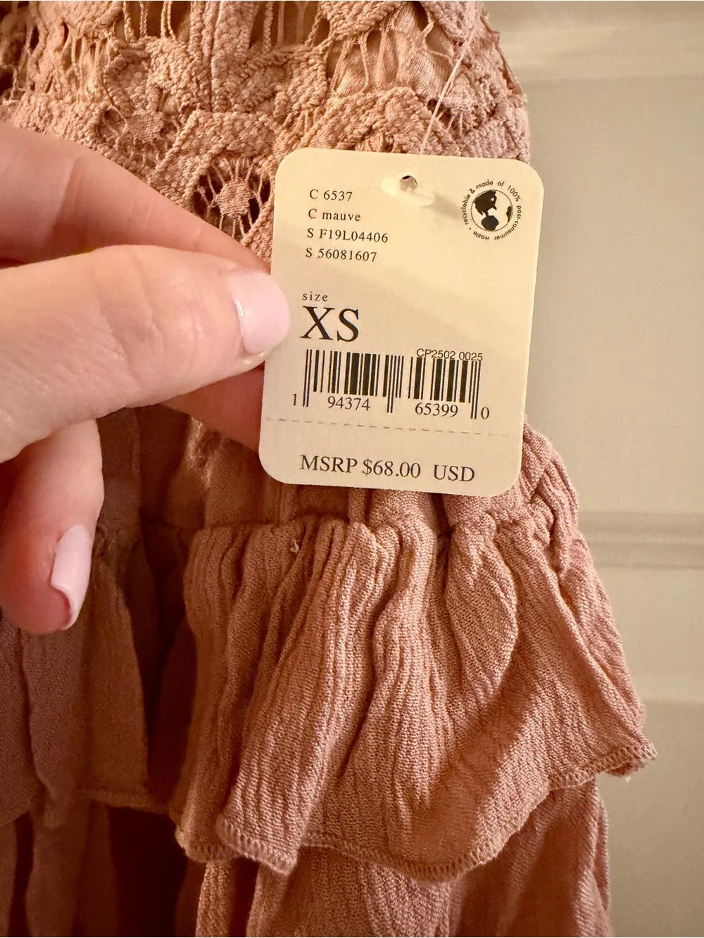 NWT-Free People Adella Lace Ruffle Cami Top in Mauve Pink-Size XS